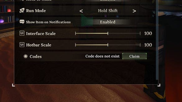 The Forge codes field inside the Settings menu
